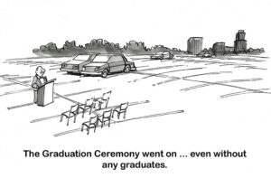 BW education cartoon of a university graduation. The students are not attending due to Palestinian conflict.
