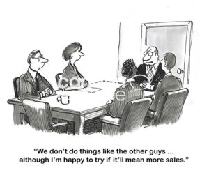 Professionals are in a meeting and the boss brags they are unique, unless copying competition will lead to more sales.