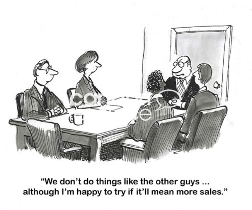 Professionals are in a meeting and the boss brags they are unique, unless copying competition will lead to more sales.