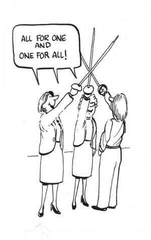 BW cartoon of professional women who have each other's back, they are in support of each other.