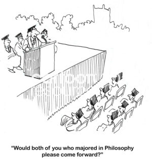 BW cartoon of a college graduation ceremony. The Deans asks the two students who majored in Philosophy to come forward.