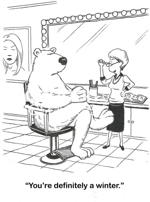 BW cartoon of a female aesthetician telling her polar bear customer that it is a 'winter'.