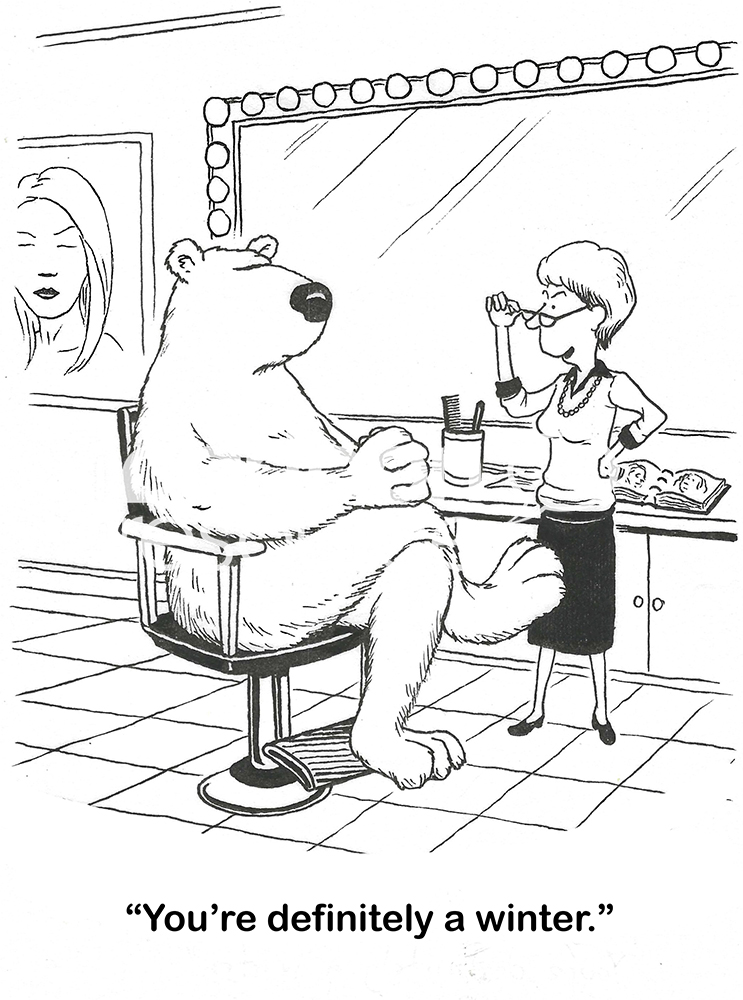 BW cartoon of a female aesthetician telling her polar bear customer that it is a 'winter'.