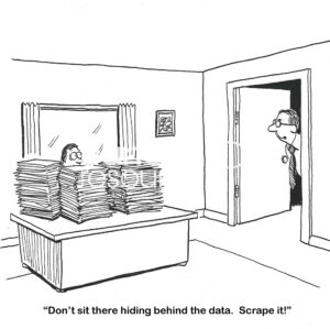 BW cartoon of a boss telling the manager to scape all the data, not to sit with it.