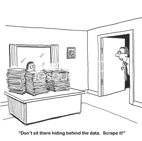 BW cartoon of a boss telling the manager to scape all the data, not to sit with it.