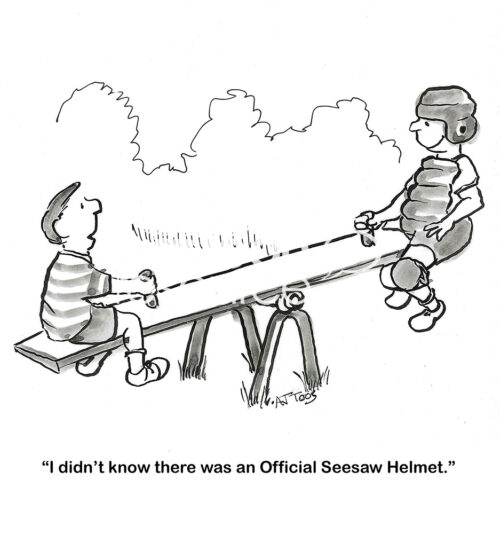 BW cartoon of two children on a seesaw, one is wearing an 'official seesaw helmet'.