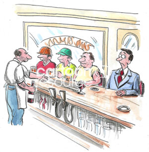 Color cartoon of a neighborhood bar where the bartender slides down the bar all drinks - wine included, not just beer.