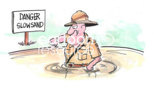 Color cartoon of a safari man who is in a rush, but is stuck in slow sand.