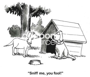 BW cartoon of a female dog flirting with the male dog.