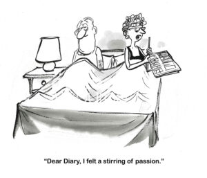 BW cartoon of a couple married for many years in bed, the wife writes to her diary she felt a 'stirring of passion'.