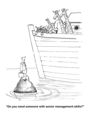 BW cartoon of a male professional asking Noah, on his ark, if Noah needs someone with 'senior management skills?'.
