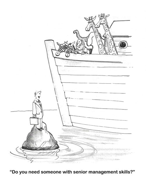 BW cartoon of a male professional asking Noah, on his ark, if Noah needs someone with 'senior management skills?'.