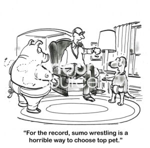 BW cartoon of a male owner using sumo wrestling to select top pet between a dog and a pig.