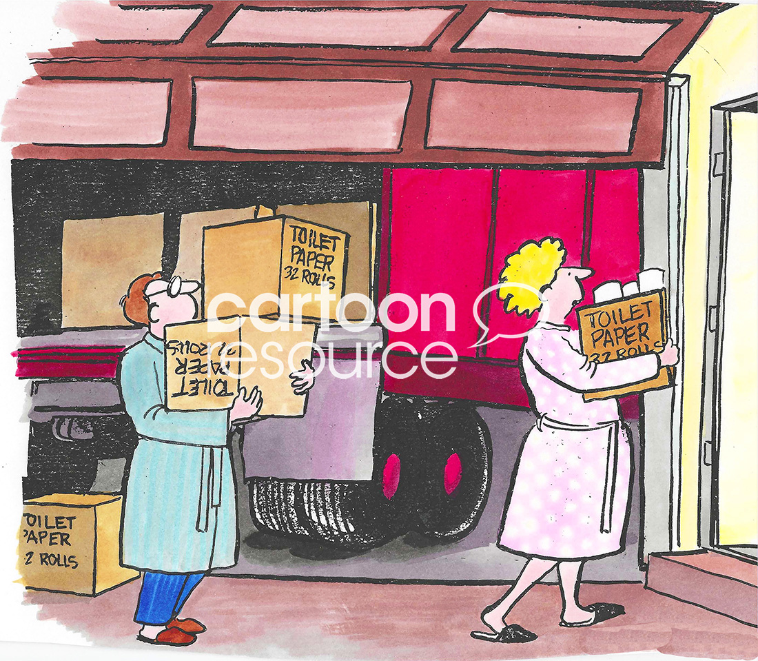 Color cartoon of a married couple stocking up on lots of toilet paper.