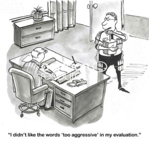 BW cartoon of an overly sensitive male executive did not like the boss's performance review words of 'too aggressive', thus he is threatening to blow himself up in front of the boss.