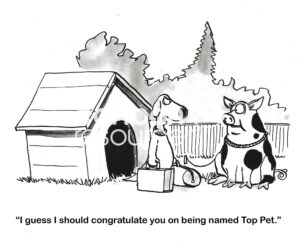 BW cartoon of a dog leaving the family home since the pig has been named 'Top Pet'.