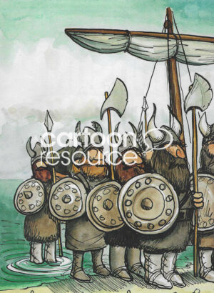 Color cartoon illustration of a group of Viking soldiers, just landed on the shore and ready for battle.