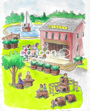 Color cartoon of a winery that has created many uses for their empty wine casks - plant holders, sailboat, toys for children, seats and much more.