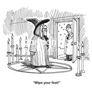 BW cartoon of a husband arriving home in the rain. His wife has become a witch and is doing witchcraft, but he still needs to wipe his feet.