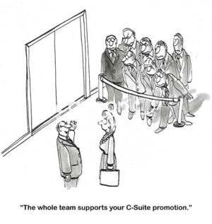 BW cartoon of executive men are upset the executive female was given the C-suite promotion and not one of them.