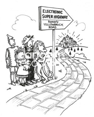 BW cartoon of the electronic super highway that is a much faster route than the old-fashioned roadways.
