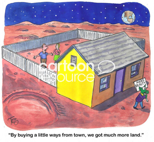 Color cartoon of a family that purchased land out of town, all the way on Mars, to get more property than on Earth.