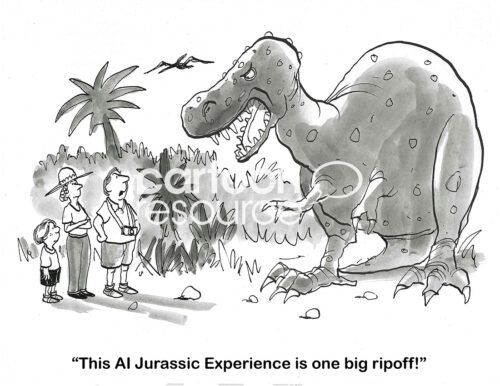 BW cartoon of a man who thinks the dinosaur is from AI. Is it?