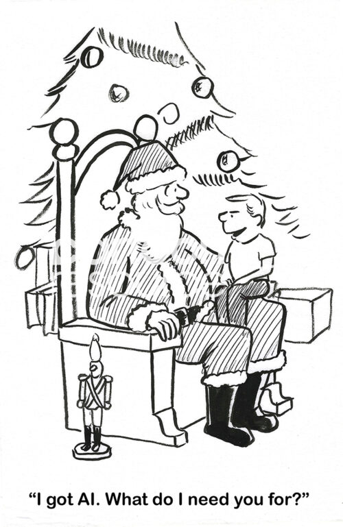 BW cartoon of a young boy sitting on Santa Claus's lap and saying he has AI, why does he need Santa.