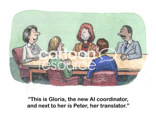 Color cartoon of a professional meeting. The boss is introducing the new AI coordinator and her translator.