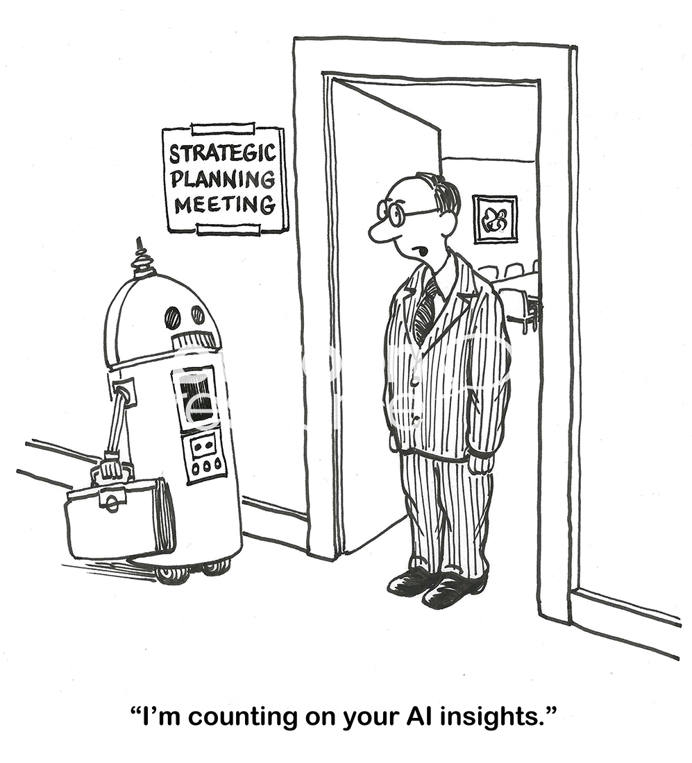 BW cartoon of a businessman talking to a robot. He is counting of the AI insights to enhance the strategic planning meeting.