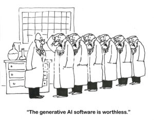 BW cartoon showing six identical scientists created through generative AI software