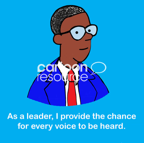 Color cartoon illustration as African American business manager listens to his team's voices.