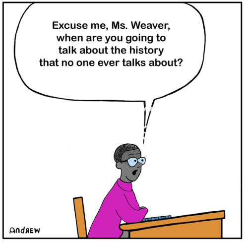 Color cartoon illustration of an African American student at desk asking about critical race theory