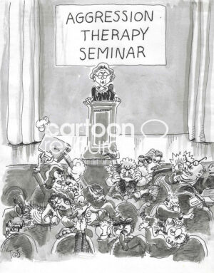 BW cartoon of the audience at an Aggression Therapy Seminar - they are all upset.
