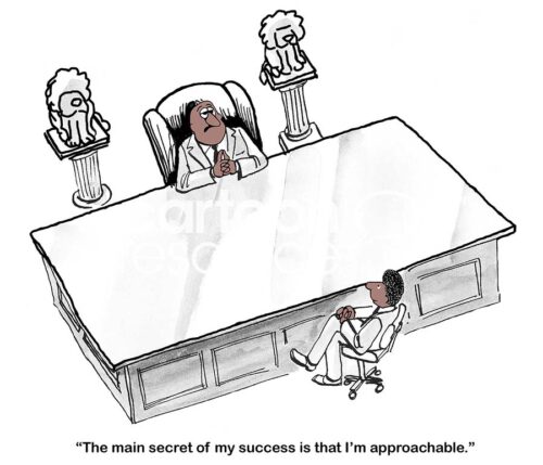 BW cartoon of an African American manager who is not approachable.