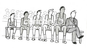 BW cartoon illustration of basketball players who sit on the bench by height.