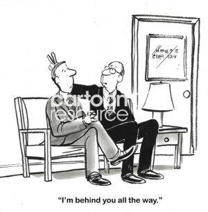 BW cartoon of a boss telling a manager he is 'behind' the manager, yet he clearly is not.