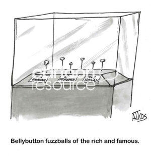 BW cartoon showing famous people's bellybutton fuzz in a museum case.