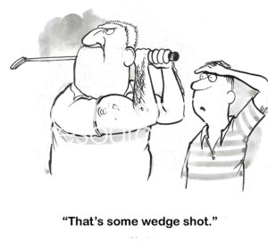 BW cartoon of a muscular man who hit a really, really long wedge shot.