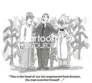 BW cartoon of a corn field and a farmer, salesman and 'mad scientist'. The scientist is the head of the bio-engineered food division.