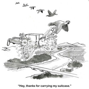 BW cartoon of a flying man who is helping the bird out by carrying the bird's suitcase.