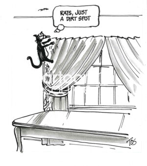 BW cartoon of a cat who has climbed up (and ruined) a curtain only to discover it is dirt, not food.