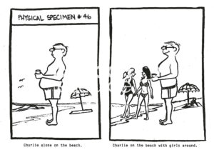 BW cartoon of a man who sucks his stomach in when women are around on the beach.
