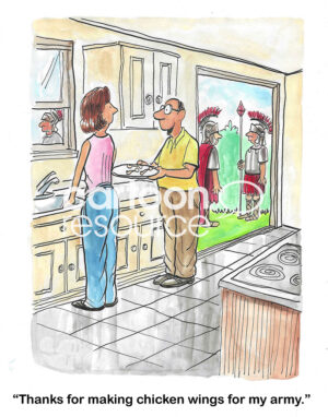 Color cartoon of a husband thanking his wife for making chicken wings for 'his army'.