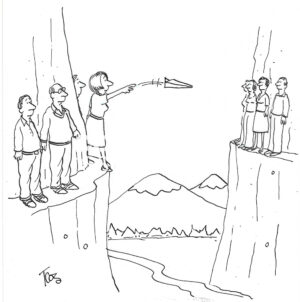 BW cartoon of two groups of people on two cliffs, communicating by paper airplane.