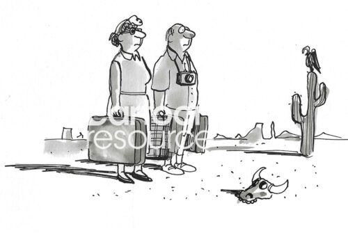 BW cartoon illustration of a couple who are on vacation, but everything around them is dead and dried up - climate change.