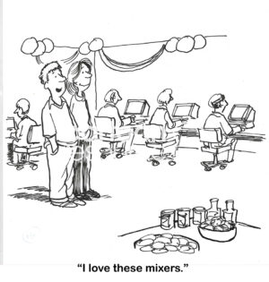 BW cartoon of a single man and a single woman, they are at a single mixer with computers. Each participant is on the computer by themself and not mixing.