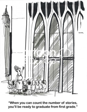 BW cartoon showing a first grade class on a field trip and their test to pass to second grade.