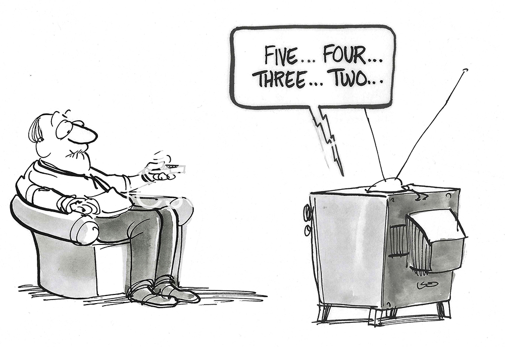 BW cartoon of a man, at home, and worried his tv is about to blow up.