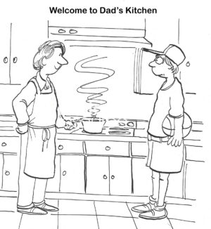 BW cartoon of a dad cooking dinner as his teen son comes in. Dad welcomes the son.